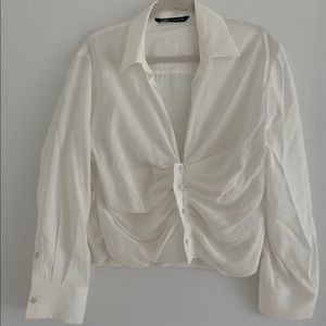 Zara White Rouched Closure Button Front Top
